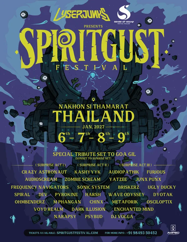 Spiritgust Festival 2027 lineup poster: 6-9 January 2027, Nakhon Si Thammarat, Thailand, with the full artist lineup