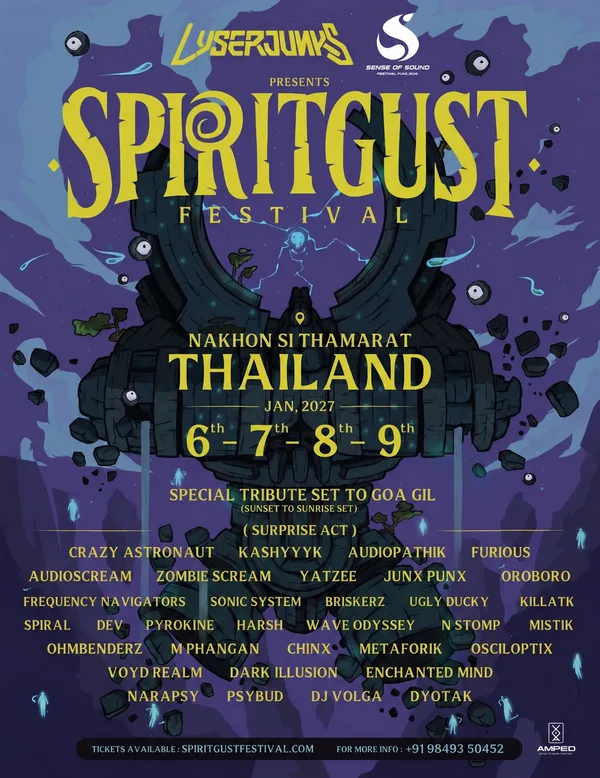 Spiritgust Festival 2027 lineup poster: 6-9 January 2027, Nakhon Si Thammarat, Thailand, with the full artist lineup